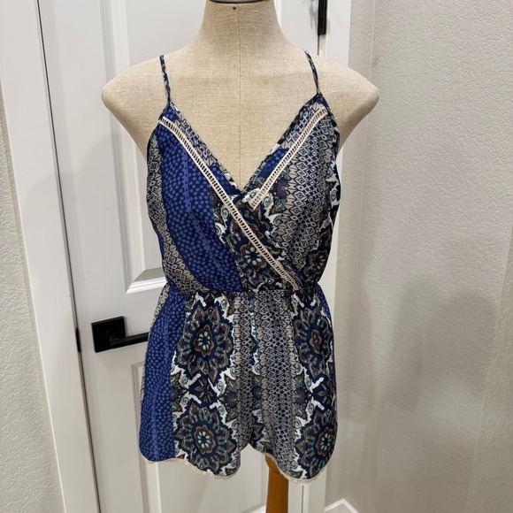 Lush Pants - Lush Womens Romper XS Blue Brown Boho Sleeveless Casual V Neck‎ Criss Cross